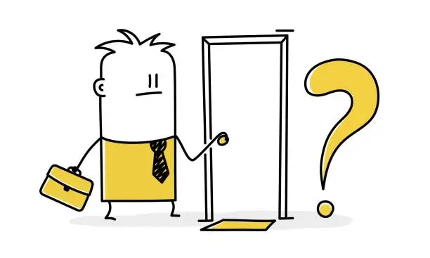 Vector illustration of Stick figure. Man, briefcase, question mark, door