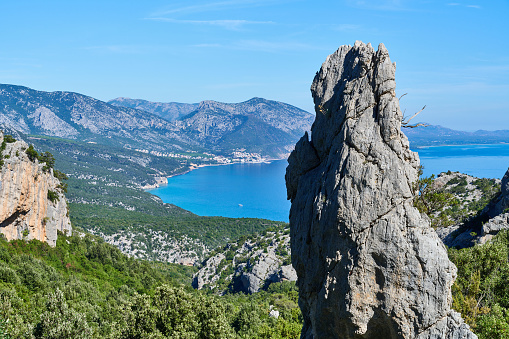 Beautiful seascape, cape Kapchik to the Galitsin Trail and blue bay of the Black Sea. Sudak, New World. Landscape of the sea coast.