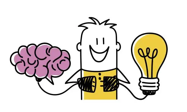 Vector illustration of Man connects his brain to a light bulb using a socket.