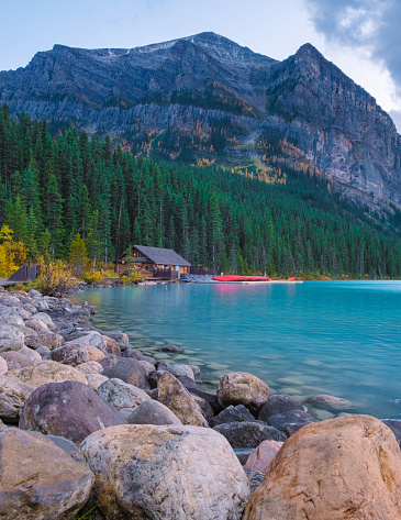 Lake Louise Canadian Rockies Banff national park, Beautiful autumn views of iconic Lake Louise in Banff National Park in the Rocky Mountains of Alberta Canada.