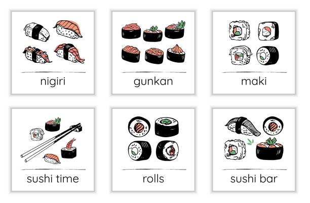 illustrazioni stock, clip art, cartoni animati e icone di tendenza di set vettoriale disegnato a mano di disegni di carte sushi. ristorante di cibo giapponese, sfondi quadrati. - sushi nigiri white background red