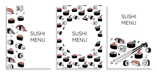 handgezeichneter vektorsatz von sushi-menü-designs. poster für japanische restaurants - sushi nigiri white background red stock-grafiken, -clipart, -cartoons und -symbole