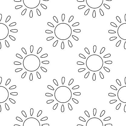 Sunny weather. Summer seamless pattern. Warm bright background. Sun rays and clouds. Hand drawn vector illustration. wallpaper print ornament fabric paper fashion line doodle coloring