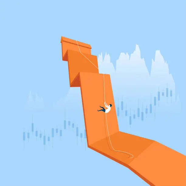 Vector illustration of An investor person climbing on top of a financial growth graph using rope, investment growth targets concept