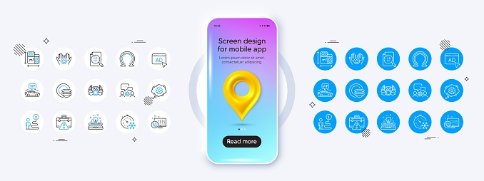 Phone mockup with 3d map pin icon. Dishes, Support and Floor plan line icons. Pack of Vip transfer, Ad, Warning briefcase icon. Laureate medal, Freezing timer, Engineering team pictogram. Vector