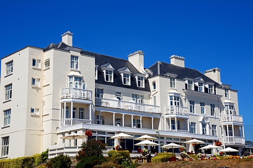Front view of the whitewashed Belmont Hotel, Sidmouth, Devon, UK, Europe.