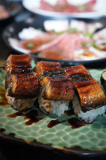 maguro unagi don is grill eel on japanese rice with sauce is famous food in asia