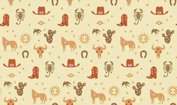 Vector illustration of Wild west coyote and cowboys stuff seamless pattern. Boho hand drawn background