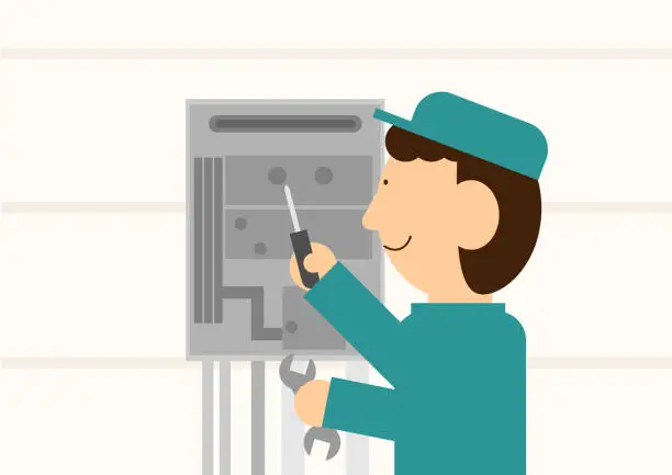 Vector illustration of Image material of a person repairing a water heater