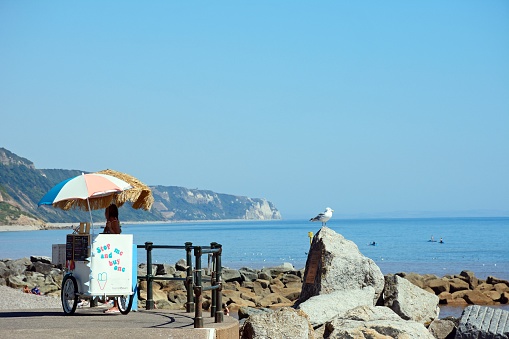 Ice cream seller on the promenade at the end of the beach with views along the coastline, Sidmouth, Devon, UK, Europe.