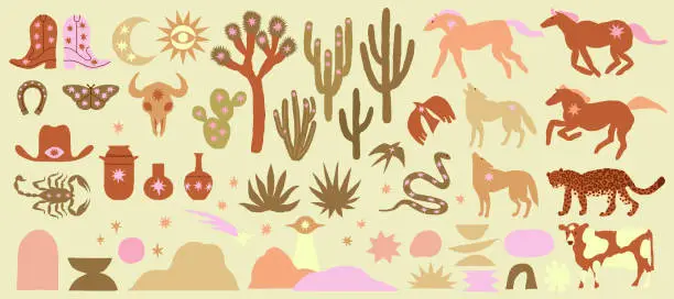 Vector illustration of West wild cowboys collection, boho american style