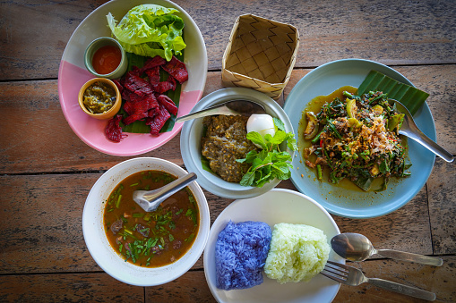 local traditional food with sticky rice on the table  northern thailand