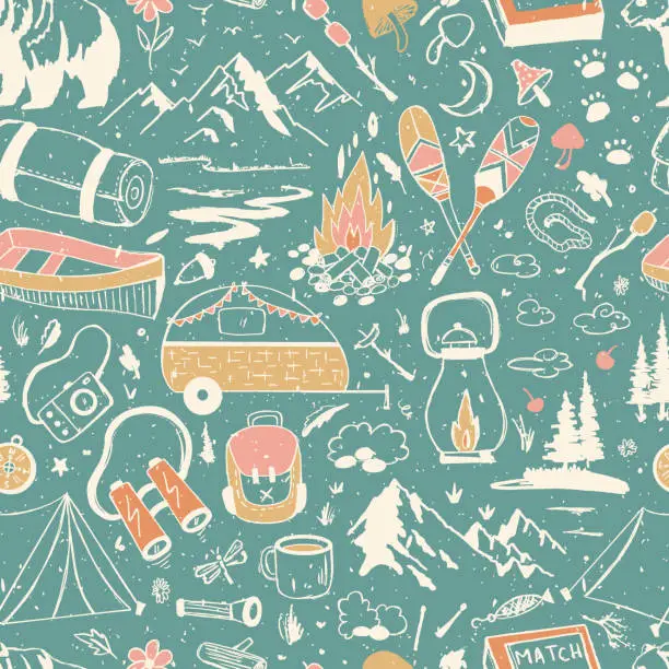 Vector illustration of Camping Life Adventure Sketched Vector Seamless Pattern