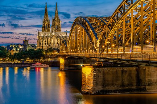 Cologne Koln Germany during sunset, Cologne bridge with cathedral