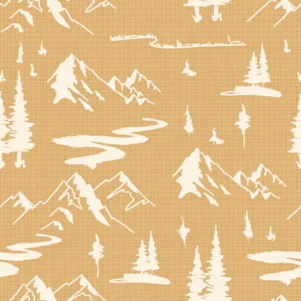 Vector illustration of Wild Mountains Landscape Sketched Style Vector Seamless Pattern