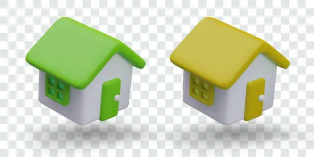 Vector illustration of Set of vector houses with green and yellow roof. Isolated vector buildings in 3D style