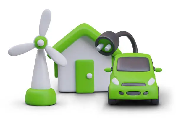 Vector illustration of Eco friendly concept. Alternative green energy. Wind turbine, house with green roof, electric car