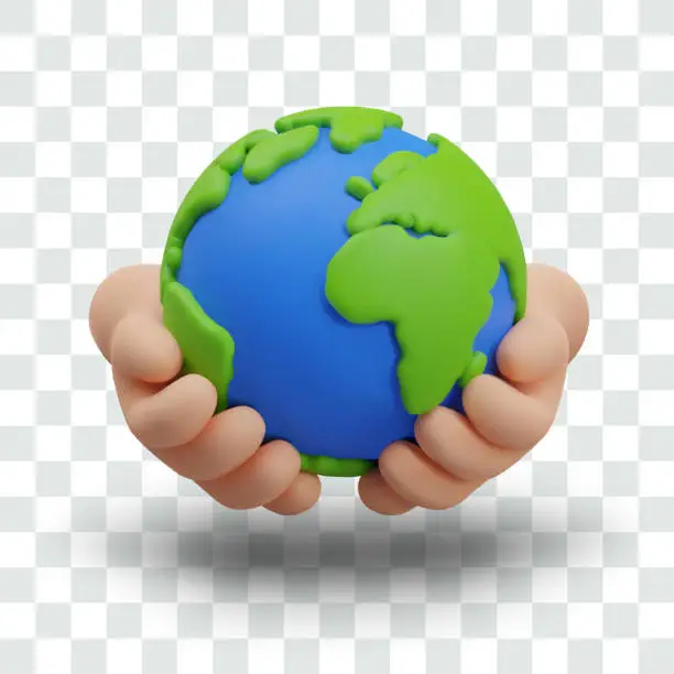 Vector illustration of Hands hold Earth. Isolated 3D vector in cartoon style. Planet in human hands