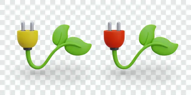 Vector illustration of Plant with electric plug. Natural energy, bio power. Set of vector objects of different colors