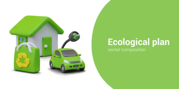 Vector illustration of Ecological plan. Use of green energy, electric car, packaging recycling