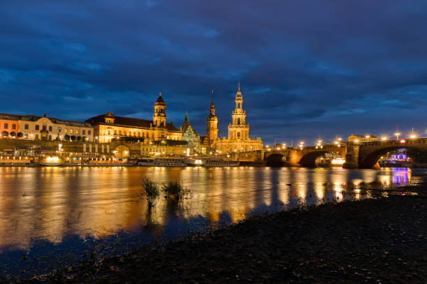 Dresden, Saxony / Germany - 3 September 2020: panorama view of the Neumarkt Square and Frauenkirche Church in Dresden at night