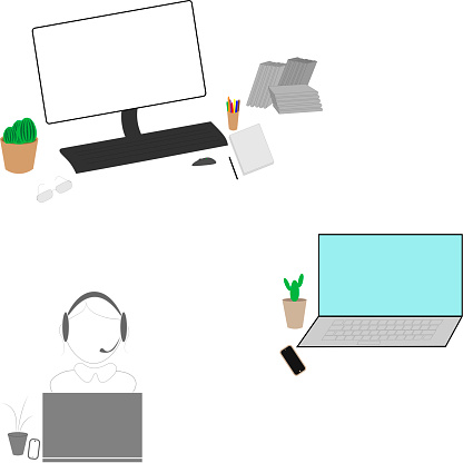 Workplaces equipped with office supplies such as a laptop computer, mouse, headphones and others. The workspace of a designer, office worker, operator, student and student.