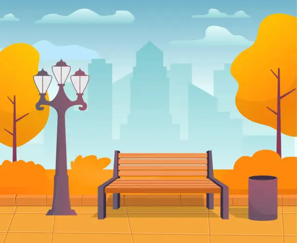 Vector illustration of City park with benches autumn.Urban garden with street lamps. Autumn city park panorama.