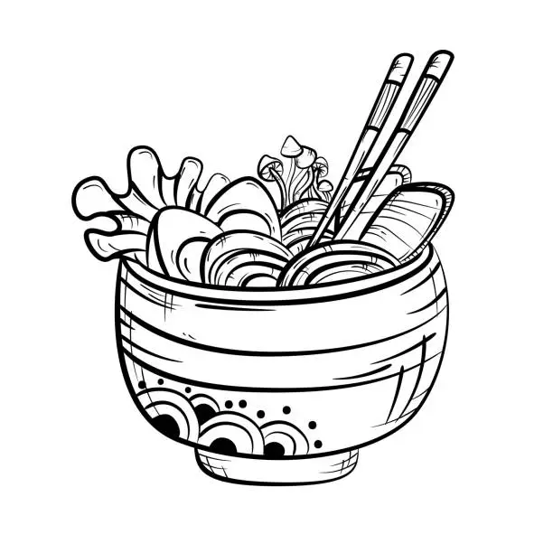 Vector illustration of Bowl of ramen with noodles, meat, eggs and mushrooms. Traditional Asian food in graphic style. Translation: Ramen.