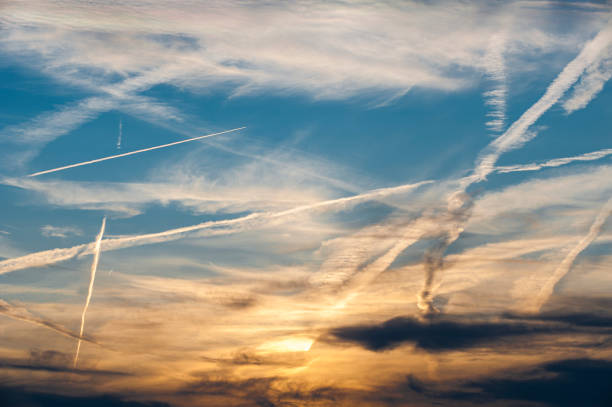 Morning or evening sky with rising or setting sun obscured by clouds and a tangle of intersecting, partially dissolving contrails