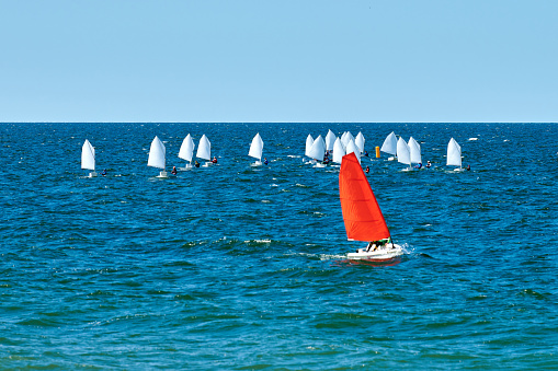 Blue sea sailing regatta, nautical spectacle sport sailing competition among yacht club participants symbolizing spirit of maritime sailing challenge, yacht racing hobby