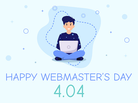Happy Webmaster's Day Poster with Boy and Laptop