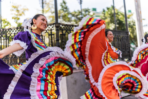 dancers dancing in traditional festival outdoors - mexicano imagens e fotografias de stock