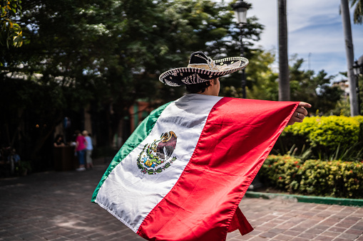 Man walking holding Mexican flag at public park