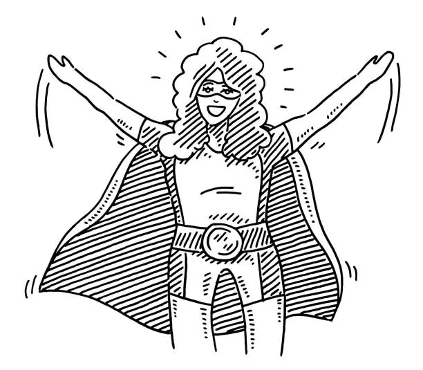 Vector illustration of Superhero Woman With Raised Arms Drawing