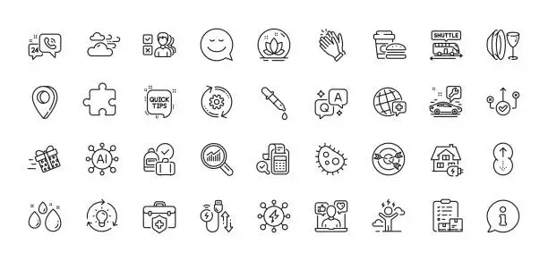 Vector illustration of Shuttle bus, Quick tips and World medicine line icons pack. For web app. Line icons. Vector