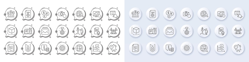 Package size, Time management and Teamwork line icons. White pin 3d buttons, chat bubbles icons. Pack of Currency rate, Info, Recipe book icon. Vector