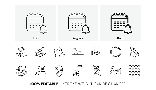 Cough, Sick man and Medical analytics line icons. Pack of Augmented reality, Microscope, Density icon. Online help, Calendar, Bromine mineral pictogram. Time, Currency rate, Medical drugs. Vector