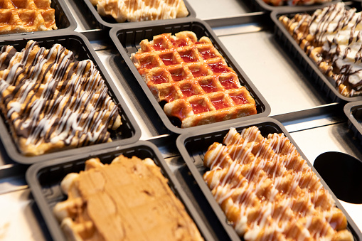 Display of topped waffles outside a fast food shop in Brussels