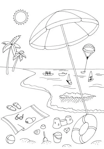 Vector illustration of Summer vacation beach sea coast graphic black white landscape sketch illustration vector