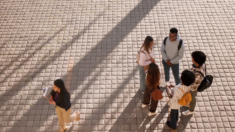 Education, space and college with friends on campus from above for learning, students and academy. Community, scholarship and future with group of people in university for school, studying and mockup