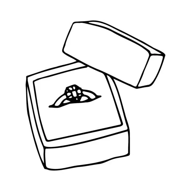 Vector illustration of drawing of a diamond ring in an open box. hand-drawn wedding ring
