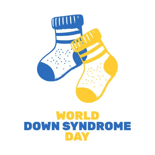 Vector illustration of World Down Syndrome Day Banner - 21 March, Different Socks, Blue and Yellow Colours Text and Socks