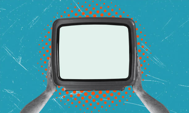 istock Art collage, TV in hand on blue background with copy space. 2083471404