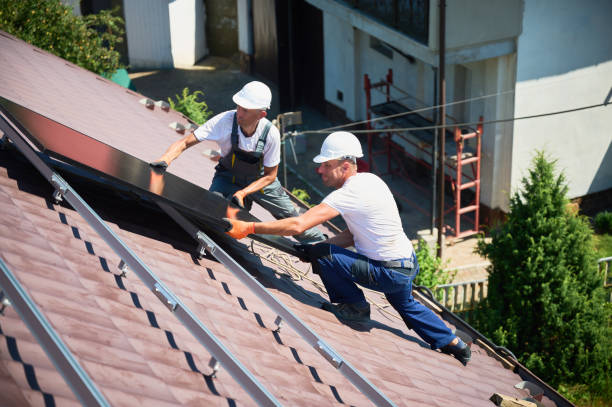 istock Workers building solar panel system on roof of house. Men installing photovoltaic solar module 2083477767