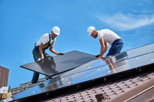 istock Workers building solar panel system on roof of house. Men installing photovoltaic solar module 2083478178