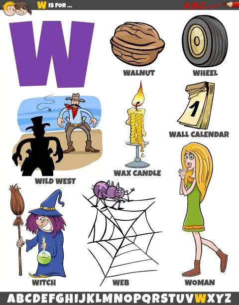 Vector illustration of Letter W set with cartoon objects and characters