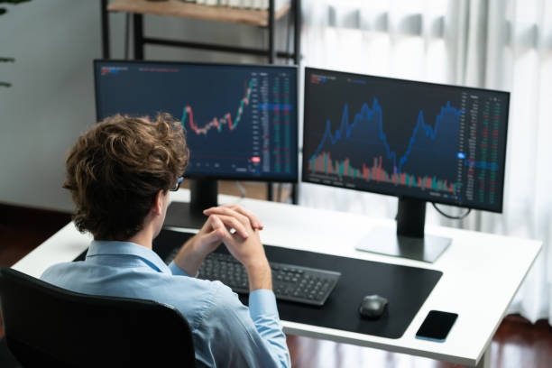 istock Working young business trader focusing pc with back side view. Gusher. 2083483930