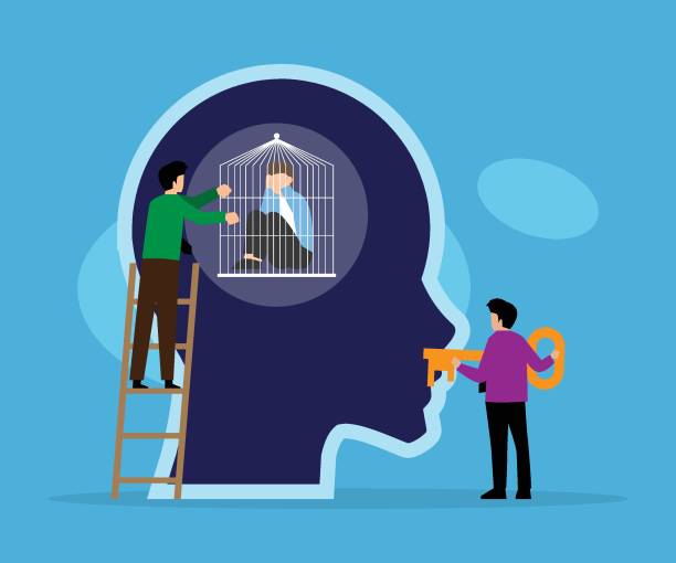 istock Businessman sitting inside human head in closed prison cage of thought 2083493449