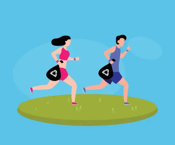 Vector illustration of Man and woman picking up litter during while running at park