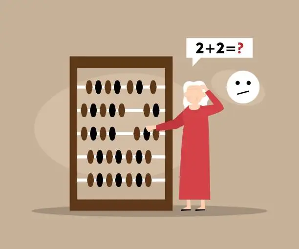 Vector illustration of Old woman suffering dementia with a huge wooden abacus